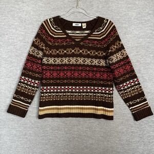 Old‎ Navy 100% Lambswool Fair Isle Women's Sweater Medium Brown Pink Y2K 90s